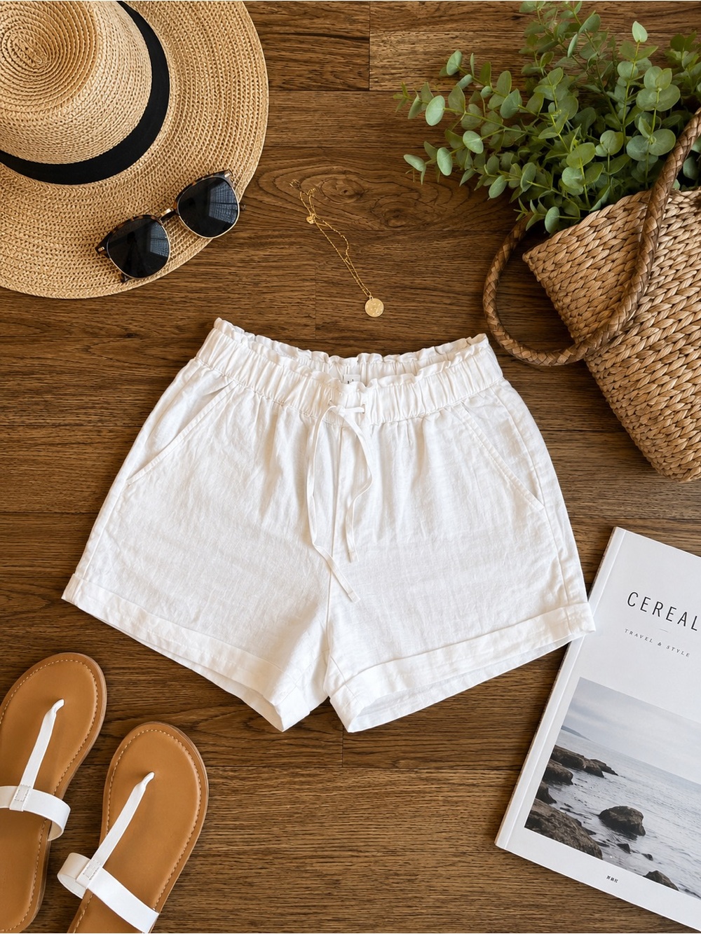 LOFT White High-Waist Drawstring Linen blend Shorts Size small